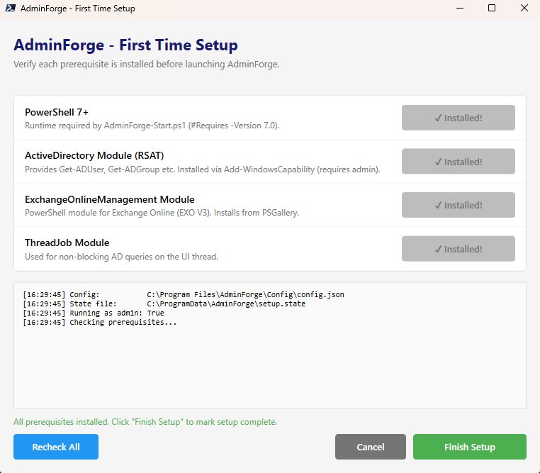AdminForge first-time setup wizard.