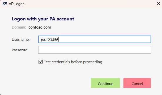 AD Logon dialog requesting a PA account username and password.